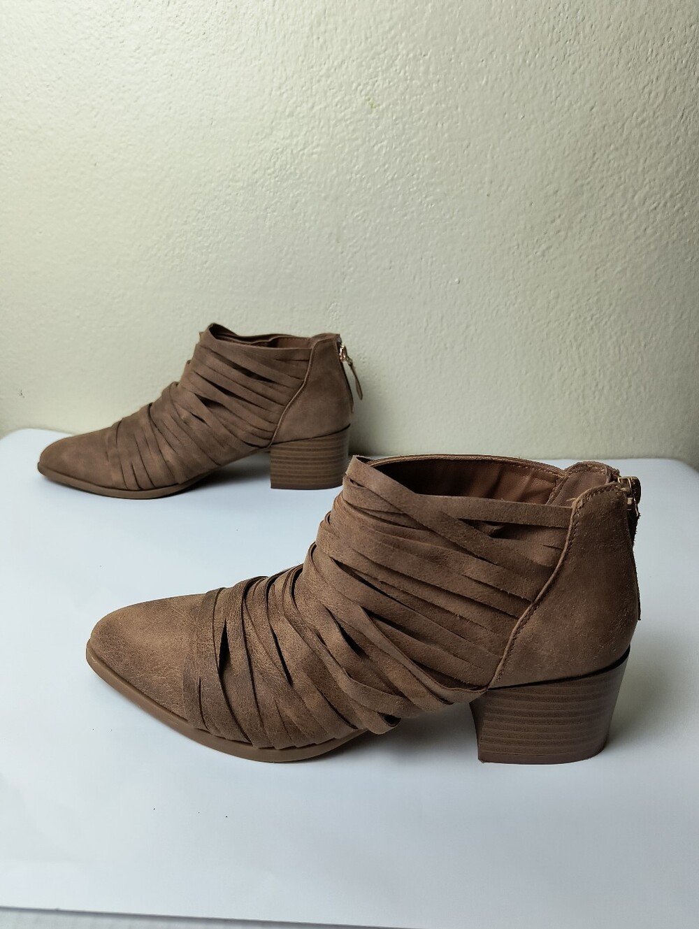 Fergalicious By Fergie 7.5M Suede Wrap Detail Ankle Booties in Taupe Rear Zipper